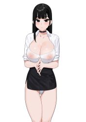 Rule 34 | 1girl, :o, absurdres, black eyes, black hair, black skirt, breasts, choker, cleavage, collared shirt, covered erect nipples, fffukuzawa, highres, large breasts, light blush, microskirt, mole, mole under eye, no bra, original, panties, pencil skirt, see-through, see-through shirt, shirt, simple background, skirt, sleeves rolled up, solo, undersized clothes, underwear, white background, white panties, white shirt