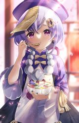 Rule 34 | 1girl, bead necklace, beads, black nails, bowl, chinese clothes, coin hair ornament, commentary request, eating, food, genshin impact, hair ornament, hat, highres, jewelry, jiangshi, nail polish, necklace, ofuda, ponfu y, pout, purple eyes, purple hair, purple hat, qingdai guanmao, qiqi (genshin impact), solo, talisman, tassel, wide sleeves