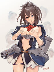 Rule 34 | 1girl, black panties, blue eyes, blush, breasts, brown hair, burnt clothes, covered erect nipples, damaged, fuwafuwatoufu, gloves, hair between eyes, highres, kantai collection, long hair, long sleeves, messy hair, military, military uniform, panties, ponytail, sheffield (kancolle), simple background, small breasts, smokestack, solo, torn clothes, torpedo tubes, underwear, uniform, white gloves
