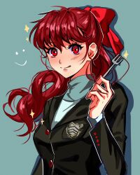 Rule 34 | 1girl, bow, fork, green background, hair bow, highres, holding, holding fork, jju 5 on, long hair, looking at viewer, persona, persona 5, persona 5 the royal, ponytail, red button, red eyes, red hair, shuujin academy school uniform, smiley face, solo, sparkle, tongue, tongue out, yoshizawa kasumi