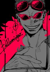 Rule 34 | 1boy, character name, collarbone, commentary request, donquixote doflamingo, earrings, english text, eyewear on head, highres, jewelry, larugo0513, male focus, one piece, short hair, smile, solo, sunglasses