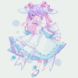 Rule 34 | 1boy, :o, animal ears, blue bow, blue dress, blue footwear, bow, bowtie, commentary, crossdressing, dated commentary, dress, ear bow, eyepatch, full body, grey background, hair ribbon, hand up, heart, heart eyepatch, high heels, highres, layered dress, leg up, long sleeves, male focus, nail polish, open mouth, original, ozureiji, pastel colors, pink bow, pink bowtie, pink eyes, pink nails, pink ribbon, plaid, plaid bow, plaid bowtie, purple hair, rabbit ears, ribbon, short hair, simple background, solo, star (symbol), swept bangs, white dress