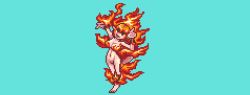 Rule 34 | 1girl, arms up, blackhook, breasts, colored skin, convenient censoring, elemental (creature), fire, fire elemental, flaming hair, ignis (monster girl encyclopedia), monster girl, monster girl encyclopedia, navel, nude, pink skin, pixel art, pointy ears, red hair, smile, spirit