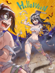 Rule 34 | &gt;:), 2girls, bandage over one eye, bandages, barefoot, bat (animal), black hair, breasts, brown hair, chasing, cleaver, halloween, highres, large breasts, midriff, moon, multiple girls, mummy costume, navel, open mouth, original, red eyes, scared, stitches, tearing clothes, teeth, torn clothes, weapon, wolksheep