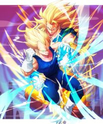 Rule 34 | 2boys, artist name, biceps, blonde hair, blue bodysuit, blue eyes, blue shirt, bodysuit, boots, clenched hand, clenched teeth, closed mouth, cloud, collarbone, dougi, dragon ball, dragonball z, electricity, energy, gloves, green eyes, halo, hand up, letterboxed, long hair, looking at viewer, male focus, multiple boys, muscular, muscular male, no eyebrows, ommmyoh, orange pants, outstretched arm, pants, pectorals, shirt, short sleeves, signature, sky, sleeveless, sleeveless bodysuit, smile, smirk, son goku, spiked hair, super saiyan, super saiyan 2, super saiyan 3, sweatdrop, teeth, torn clothes, twitter username, v-shaped eyebrows, vegeta, white footwear, white gloves, widow&#039;s peak
