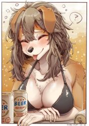 Rule 34 | 1girl, ?, alcohol, animal ears, animal nose, beer, beer can, bikini, black bikini, border, breasts, brown background, can, cleavage, closed eyes, dated, dog ears, dog girl, drink can, drunk, furry, furry female, gradient background, grey hair, hair ornament, hairclip, highres, large breasts, medium hair, messy hair, misotsuki ayabe, original, outside border, solo, swimsuit, tongue, tongue out, white border