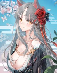 Rule 34 | 1girl, absurdres, black kimono, blush, breasts, cleavage, closed mouth, egasumi, emyo, facial mark, flower, forehead mark, from side, grey hair, hair flower, hair ornament, hair ribbon, highres, japanese clothes, kimono, large breasts, long hair, looking at viewer, off shoulder, original, petals, red flower, red ribbon, red rose, ribbon, rose, sidelocks, sideways glance, solo, white footwear, yellow eyes