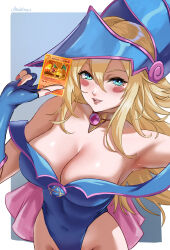 Rule 34 | 1girl, absurdres, armpits, bare shoulders, blonde hair, blush stickers, breasts, brooch, card, charizard, cleavage, collarbone, covered navel, creatures (company), dark magician girl, duel monster, fingerless gloves, from above, game freak, gen 1 pokemon, gloves, green eyes, hair between eyes, highleg, highleg leotard, highres, holding, holding card, jewelry, large breasts, leotard, long hair, looking at viewer, nintendo, open mouth, playing card, pokemon, pokemon tcg, solo, trading card, ultrabinou, upper body, yu-gi-oh!