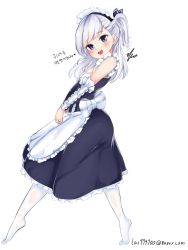 1girl absurdres apron azur_lane belfast_(azur_lane) blue_dress blue_eyes blue_ribbon blush braid dress elbow_gloves female_focus full_body gloves hair_ribbon highres kirim kirim_(kihun4070) little_bel_(azur_lane) maid maid_headdress open_mouth pantyhose ribbon silver_hair solo waist_apron white_apron white_pantyhose white_theme