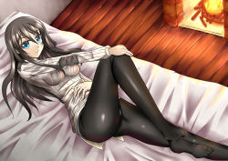 Rule 34 | 00s, 1girl, ao (time-leap), ass, bad id, bad pixiv id, bed, blue eyes, breasts, brown hair, elizabeth f. beurling, fire, fireplace, long hair, medium breasts, panties, panties under pantyhose, pantyhose, solo, strike witches, strike witches: suomus misfits squadron, sweater, underwear, world witches series