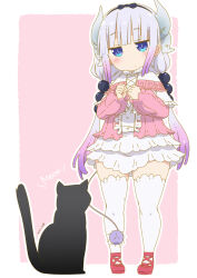 Rule 34 | 1girl, animal, beads, black bow, black cat, black hairband, blue eyes, blush, bow, capelet, cat, closed mouth, commentary request, dragon girl, dragon horns, dragon tail, dress, full body, gradient hair, hair beads, hair bow, hair ornament, hairband, highres, horns, jitome, kanna kamui, kobayashi-san chi no maidragon, long hair, long sleeves, low twintails, multicolored hair, outline, pink background, pink dress, purple hair, red footwear, samansa ex, short dress, slit pupils, solo, standing, tail, thighhighs, twintails, very long hair, white outline, white thighhighs
