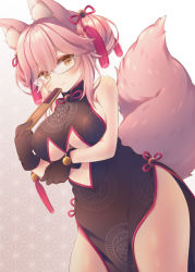 Rule 34 | 1girl, :3, animal ear fluff, animal ears, anju (mocomocousagi), bare arms, bare shoulders, black gloves, blush, breasts, china dress, chinese clothes, closed labcoat, closed mouth, clothing cutout, cowboy shot, double bun, dress, dutch angle, fate/grand order, fate (series), folded fan, folding fan, fox ears, fox girl, fox tail, glasses, gloves, gradient background, grey-framed eyewear, grey background, hair bun, hair ribbon, hand fan, holding, holding fan, koyanskaya (chinese lostbelt outfit) (fate), koyanskaya (fate), large breasts, orange eyes, patterned background, pelvic curtain, pink hair, red ribbon, ribbon, sleeveless, sleeveless dress, smile, solo, tail, tassel, underboob, underboob cutout