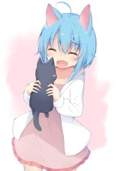 Rule 34 | 1girl, :d, ^ ^, ahoge, animal, animal ears, black cat, blue hair, blush, cardigan, cat, cat ears, cat girl, closed eyes, collarbone, commentary, dress, facing another, fang, hair between eyes, holding, holding animal, holding cat, hood, hoodie, jacket, kyuukon (qkonsan), looking at another, open mouth, original, pink background, pink dress, smile, solo, thighhighs, two-tone background, white background, white jacket, white thighhighs, | |