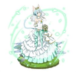 Rule 34 | 1girl, animal ears, blue eyes, blue hair, bouquet, bridal gauntlets, bridal veil, cat ears, cat tail, choker, collarbone, diadem, dress, elbow gloves, finger to mouth, flower, full body, gloves, hair between eyes, hair ribbon, holding, holding bouquet, looking at viewer, ribbon, short hair with long locks, sidelocks, simple background, sinon (sao-alo), sleeveless, sleeveless dress, solo, standing, strapless, strapless dress, sword art online, tail, veil, wedding dress, white background, white dress, white flower, white gloves, white ribbon