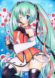 Rule 34 | 1girl, blue eyes, detached sleeves, freely tomorrow (vocaloid), green hair, hatsune miku, headset, long hair, marker (medium), my (mylilla811), one eye closed, panties, pantyshot, pastel (medium), project diva (series), project diva f, skirt, smile, solo, star voice (module), thighhighs, traditional media, twintails, underwear, upskirt, very long hair, vocaloid, watercolor pencil (medium), wink