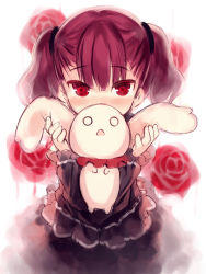 Rule 34 | 1girl, black dress, blush, covering own mouth, dress, floral background, flower, frilled sleeves, frills, holding, holding stuffed toy, kurasuke, lolita fashion, long hair, looking at viewer, nose blush, purple hair, red eyes, red flower, red rose, ringed eyes, rose, solo, stuffed animal, stuffed rabbit, stuffed toy, tsurime, twintails