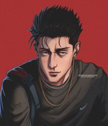 Rule 34 | 1boy, black hair, black sweater, brown eyes, carrying bag, chain necklace, closed mouth, ear piercing, hair slicked back, highres, higuruma hiromi, jewelry, jujutsu kaisen, looking at viewer, multiple piercings, necklace, nike (company), piercing, red background, simple background, solo, sweater, upper body, urielbeaupre15