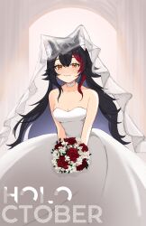 1girl :3 absurdres alternate_costume animal_ear_fluff animal_ears artist_name bare_shoulders black_hair blush bouquet breasts bridal_veil choker cleavage closed_mouth collarbone dress flower hair_between_eyes highres holding holding_bouquet hololive long_hair looking_at_viewer medium_breasts multicolored_hair ookami_mio red_flower red_hair rose smile solo strapless strapless_dress streaked_hair veil very_long_hair virtual_youtuber wabiwasabi wedding_dress white_choker white_dress wolf_ears wolf_girl