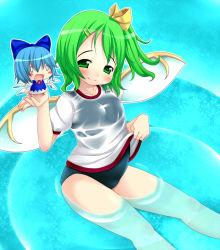 Rule 34 | 2girls, bad id, bad pixiv id, blue hair, bow, chibi, cirno, daiyousei, green eyes, green hair, hair bow, kuro minamo, multiple girls, one-piece swimsuit, ponytail, short hair, side ponytail, swimsuit, swimsuit under clothes, embodiment of scarlet devil, touhou, wings