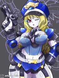 Rule 34 | 1girl, absurdres, breasts, gun, hand on own hip, handgun, highres, holding, holding gun, holding weapon, kelly (robot neanthropinae polynian), large breasts, looking at viewer, metal skin, nanzisi 69, one eye closed, open mouth, pistol, police, red eyes, robot, robot neoanthropinae polynian, solo, thick thighs, thighs, weapon