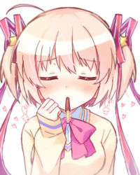 Rule 34 | 1girl, blonde hair, bow, clenched hand, close-up, closed eyes, commentary request, excited, facing viewer, food, food in mouth, hair between eyes, hair ornament, hair ribbon, hand up, haruchimo, heart, highres, incoming pocky kiss, kamikita komari, little busters!, little busters! school uniform, long ribbon, pink bow, pocky, pocky in mouth, red ribbon, ribbon, school uniform, short hair, simple background, sleeves past wrists, solo, sound effects, star (symbol), star hair ornament, sweater, two side up, white background, yellow sweater
