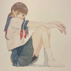 1girl blue_sailor_collar brown_background brown_eyes brown_hair full_body highres on_floor original painting_(medium) sailor_collar school_uniform sitting solo traditional_media twintails watamoke watercolor_(medium)