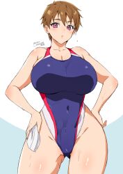 Rule 34 | 1girl, bare shoulders, blush, breasts, brown hair, cleavage, commission, competition swimsuit, covered navel, hands on own hips, highres, large breasts, looking at viewer, one-piece swimsuit, original, parted lips, pixiv commission, purple eyes, short hair, solo, swim cap, unworn swim cap, swimsuit, tomboy, wet, yajiro masaru