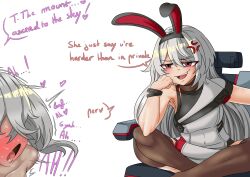 1girl absurdres anger_vein angry animal_ears annoyed chair dark-skinned_female dark_skin elmo_dormitory_outfit english_text fake_animal_ears girls&#039;_frontline girls&#039;_frontline_2:_exilium grey_hair hand_on_own_cheek hand_on_own_face highres idw_shikikan indian_style krolik_(girls&#039;_frontline_2) long_hair moaning nemesis_(girls&#039;_frontline_2) open_mouth out_of_frame rabbit_ears sex sitting white_background