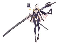 Rule 34 | + +, 1girl, absurdres, armor, bodysuit, breasts, breasts apart, center opening, chinese text, extra arms, full body, gluteal fold, grey eyes, head tilt, headgear, highres, holding, holding sword, holding weapon, huge weapon, katana, large breasts, long hair, looking at viewer, mechanical arms, mechanical legs, original, parted lips, rekaerb maerd, scar, sheath, sheathed, shoulder armor, solo, star-shaped pupils, star (symbol), sword, symbol-shaped pupils, transparent background, weapon, white hair
