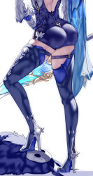 Rule 34 | 1girl, abyss mage (genshin impact), ass, ass focus, black gloves, black leotard, black thighhighs, blue cape, blue neckwear, boots, cape, eula (genshin impact), femdom, genshin impact, gloves, high heels, highres, leotard, long sleeves, mask, necktie, stepping, sword, thighhighs, uenoryoma, weapon