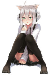 Rule 34 | 1girl, ahoge, animal ears, black ribbon, black skirt, blush, cat ears, collared shirt, covering privates, covering crotch, frills, green eyes, hair ribbon, highres, knees together feet apart, long sleeves, looking at viewer, open mouth, original, ribbon, shadow, shirt, short hair with long locks, sidelocks, silver hair, simple background, sitting, skirt, solo, suspenders, taira (pixiv9613131), thighhighs, thighs, toes, two side up, white background, white shirt