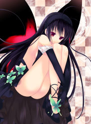 Rule 34 | 10s, 1girl, accel world, antenna hair, ass, bad id, bad pixiv id, bare shoulders, black hair, breasts, bug, butterfly, butterfly wings, checkered background, doily, dress, elbow gloves, gloves, hairband, high heels, hugging own legs, insect, insect wings, kuroyukihime, long hair, long legs, mitsuki tsumi, red eyes, shoes, sideboob, small breasts, solo, wings