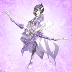 Rule 34 | 1girl, arrow (projectile), black hair, boots, bow (weapon), dress, full body, gloves, green eyes, hair between eyes, hair ornament, highres, holding, holding arrow, holding bow (weapon), holding weapon, leg up, long dress, purple background, purple footwear, purple gloves, sakuria, short hair, smile, solo, standing, standing on one leg, thigh boots, thighhighs, washio sumi, washio sumi wa yuusha de aru, weapon, yuuki yuuna wa yuusha de aru, yuusha de aru
