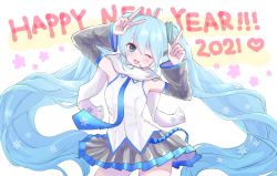 Rule 34 | 1girl, 2021, ahoge, bare shoulders, blue eyes, blue hair, blue neckwear, cherry blossoms, commentary, contrapposto, cowboy shot, detached sleeves, earmuffs, grey skirt, grey sleeves, hair ornament, hands up, happy new year, hatsune miku, heart, highres, index finger raised, katorea, light blue hair, long hair, looking at viewer, miniskirt, new year, open mouth, pleated skirt, scarf, shirt, skirt, sleeveless, sleeveless shirt, smile, snowflake print, twintails, v, very long hair, vocaloid, white background, white scarf, white shirt, yuki miku, yuki miku (2011)
