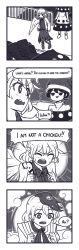 Rule 34 | 2girls, 4koma, :3, ?, ^^^, bird, chick, clenched hands, comic, commentary, doremy sweet, emphasis lines, english commentary, english text, feathered wings, greyscale, hat, highres, kishin sagume, monochrome, multicolored hair, multiple girls, niwatari kutaka, purple theme, roller coaster, single wing, speckticuls, touhou, transformation, v-shaped eyebrows, wings