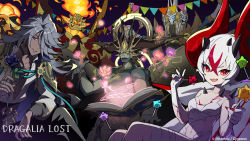 Rule 34 | 1girl, 4boys, book, candy, character request, clothing cutout, dark-skinned male, dark skin, dragalia lost, dragon horns, elbow gloves, flower, food, gloves, grey hair, hair over one eye, holding, holding flower, holding food, horns, lilith (dragalia lost), lollipop, long hair, long sleeves, looking at viewer, magic, multicolored hair, multiple boys, nail polish, navel, navel cutout, official art, open book, pink flower, purple flower, purple rose, red eyes, red hair, red nails, rose, short hair, slit pupils, smile, streaked hair, wavy hair, white gloves, white hair