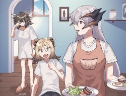 Rule 34 | apron, arknights, black horns, blonde hair, breakfast, brown hair, casual, child, collarbone, commentary, commentary request, dated, dragon horns, drawing (object), egg (food), english commentary, feather hair, food, glasses, hand up, highres, holding, holding plate, horns, ifrit (arknights), indoors, kawaii inu5, lettuce, long hair, looking at another, lower teeth only, medium hair, mixed-language commentary, morning, no pants, open mouth, orange eyes, parted lips, plate, rubbing eyes, saria (arknights), sausage, shelf, shirt, short sleeves, silence (arknights), silver hair, sleepy, slippers, sparkle, sunlight, sunny side up egg, t-shirt, teeth, white shirt, window, wooden floor