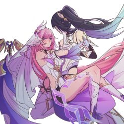 Rule 34 | 2girls, armor, armpit crease, bare shoulders, bell, blush, closed mouth, colored inner hair, elysia (herrscher of human:ego) (honkai impact), elysia (honkai impact), gloves, hand on another&#039;s arm, hand on another&#039;s face, high ponytail, honkai (series), honkai impact 3rd, korean commentary, kunniho, long hair, multicolored hair, multiple girls, pink eyes, pink hair, ponytail, raiden mei, raiden mei (herrscher of origin), simple background, smile, thighs, white armor, white background, white gloves, white headwear, yuri
