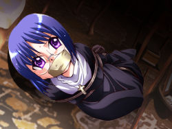 Rule 34 | 00s, 1girl, arms behind back, bdsm, blue hair, bondage, bound, bound ankles, bound legs, box tie, breast bondage, breasts, ciel (tsukihime), cross, dress, female focus, full body, gag, glasses, hachikumo, improvised gag, jewelry, necklace, nun, purple eyes, rope, solo, sweat, tape, tape gag, tsukihime