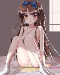 Rule 34 | 1girl, absurdres, backlighting, bad id, bad pixiv id, bed, bedwetting, blush, breasts, brown hair, brown theme, condom, day, female focus, hair ribbon, highres, indoors, long hair, nipples, no pants, panties, pee, peeing, peeing self, purposeful wetting, remote control vibrator, ribbon, ruriruno, sex toy, sitting, small breasts, socks, solo, star sapphire, tears, topless, touhou, underwear, underwear only, very long hair, vibrator, vibrator under clothes, vibrator under panties, wet, wet clothes, wet panties, white socks, wings