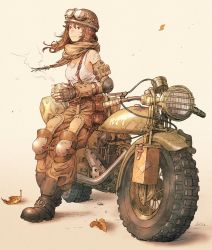 Rule 34 | 1girl, boots, breasts, brown hair, commentary, cup, fingerless gloves, gloves, goggles, goggles on headwear, helmet, highres, holding, holding cup, knee pads, kuroimori, leaf, leaning against motorcycle, leaning on object, medium hair, motor vehicle, motorcycle, original, pants, pouch, scarf, signature, smile, solo, steam, suspenders, symbol-only commentary, tank top