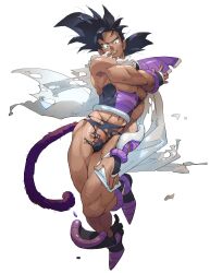 Rule 34 | 1boy, abs, absurdres, armor, bara, black hair, bodysuit, broken armor, bulge, cape, clenched teeth, covering privates, covering chest, dark-skinned male, dark skin, dragon ball, frown, full body, highres, large pectorals, long hair, male focus, midriff peek, monkey tail, muscular, muscular male, navel, pectorals, solo, spiked hair, stomach, supobi, tail, teeth, thick thighs, thighs, torn bodysuit, torn cape, torn clothes, tullece, underpec, white background