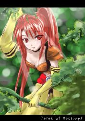 Rule 34 | 1girl, belt, bow (weapon), breasts, choker, elbow gloves, forest, gloves, long hair, midriff, nanaly fletch, nature, open mouth, red eyes, red hair, short shorts, shorts, tales of (series), tales of destiny 2, twintails, weapon