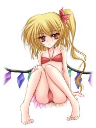Rule 34 | 1girl, barefoot, bikini, blonde hair, bow, danshaku, female focus, flandre scarlet, flat chest, hair bow, hand on own knee, knees together feet apart, long hair, o-ring, o-ring top, open mouth, red bikini, red eyes, side ponytail, simple background, sitting, solo, swimsuit, toes, touhou, white background, wings