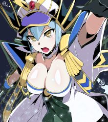 Rule 34 | 1girl, aqua hair, arm up, black gloves, blue hair, breasts, cardfight!! vanguard, cleavage, collar, collarbone, facing viewer, female focus, gillian chen, gloves, hair between eyes, hat, large breasts, long hair, looking at viewer, oda koziki, open mouth, outstretched arms, signature, simple background, solo, spread arms, standing, yellow eyes