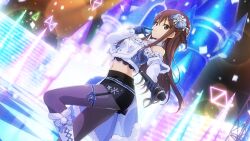 Rule 34 | 1girl, 22/7, 22/7 ongaku no jikan, black skirt, blue gloves, braid, braided hair rings, brown eyes, brown hair, brown pantyhose, closed mouth, concert, confetti, detached sleeves, dutch angle, feet out of frame, finger to mouth, from side, game cg, gloves, hair between eyes, hair ornament, hair ribbon, half-skirt, highres, holding, holding microphone, idol, leg up, lens flare, light particles, long hair, looking at viewer, microphone, navel, non-web source, official art, outstretched arm, pantyhose, ribbon, sidelocks, skirt, smile, socks, solo, sparkle, standing, tachikawa ayaka, twin braids, white socks