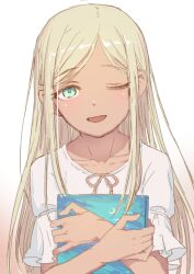 Rule 34 | 1girl, ;d, blonde hair, book, collarbone, commentary request, green eyes, highres, hugging object, idolmaster, idolmaster cinderella girls, layla (idolmaster), long hair, looking at viewer, nametake, one eye closed, open mouth, shirt, short sleeves, smile, solo, straight hair, upper body, very long hair, white shirt
