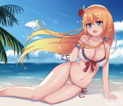 Rule 34 | 1girl, aoman de cangshu, bare shoulders, bikini, bird, blue eyes, blush, breasts, cleavage, cloud, collarbone, colored eyelashes, flower, hair between eyes, hair flower, hair ornament, hand on own chest, hand up, highres, large breasts, long hair, lying, navel, ocean, open mouth, orange hair, palm leaf, pecorine (princess connect!), pecorine (summer) (princess connect!), princess connect!, red ribbon, ribbon, rose, sky, solo, swimsuit, upper body, water, white bikini, wristband