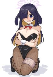 Rule 34 | 1girl, bandaged leg, bandages, black hair, blonde hair, blue archive, blush, bow, bowtie, breasts, cleavage, colored inner hair, commentary request, detached collar, fishnet pantyhose, fishnets, halo, highres, katsuhiko (bone hiko), large breasts, leotard, lop rabbit ears, multicolored hair, pantyhose, playboy bunny, rabbit ears, rabbit tail, red bow, red bowtie, solo, tail, tearing up, tsukuyo (blue archive), wavy mouth