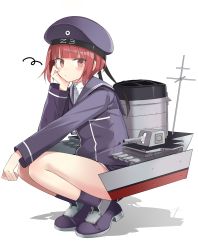 Rule 34 | 10s, 1girl, 501092-taka, blunt bangs, blush, cannon, character name, closed mouth, clothes writing, dress, full body, hand on own cheek, hand on own face, hat, kantai collection, long sleeves, looking at viewer, machinery, purple dress, purple footwear, purple hat, purple socks, red eyes, red hair, sailor dress, shoes, short hair, socks, solo, squatting, squiggle, thighs, tsurime, turret, z3 max schultz (kancolle)